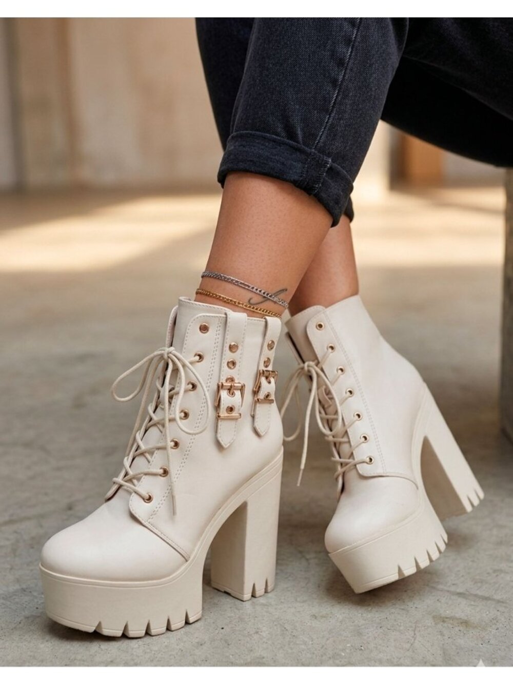 Lace-Up Platform Chunky Heel Ankle Boots With Gold Buckle Detail Faux Leather
